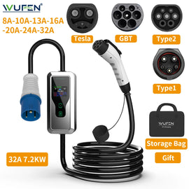 WUFEN Household Portable EV Charger Single Phase 7KW with CEE 220V Type2/GBT/Type1/Tesla Plug Electric Car High-speed Charging
